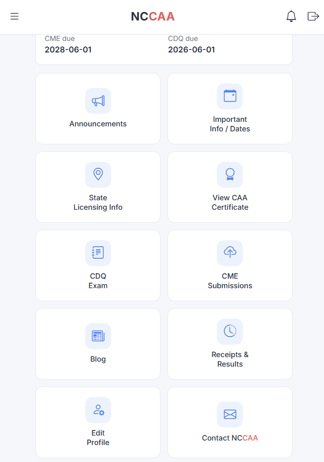 NCCAA portal home screen