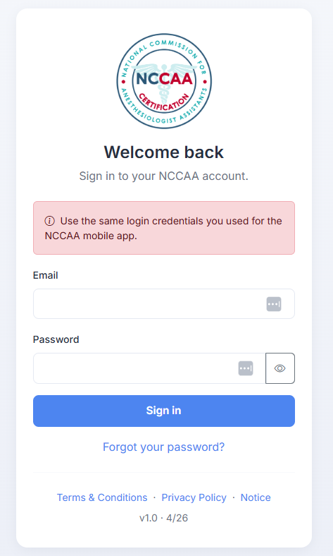 NCCAA portal login screen